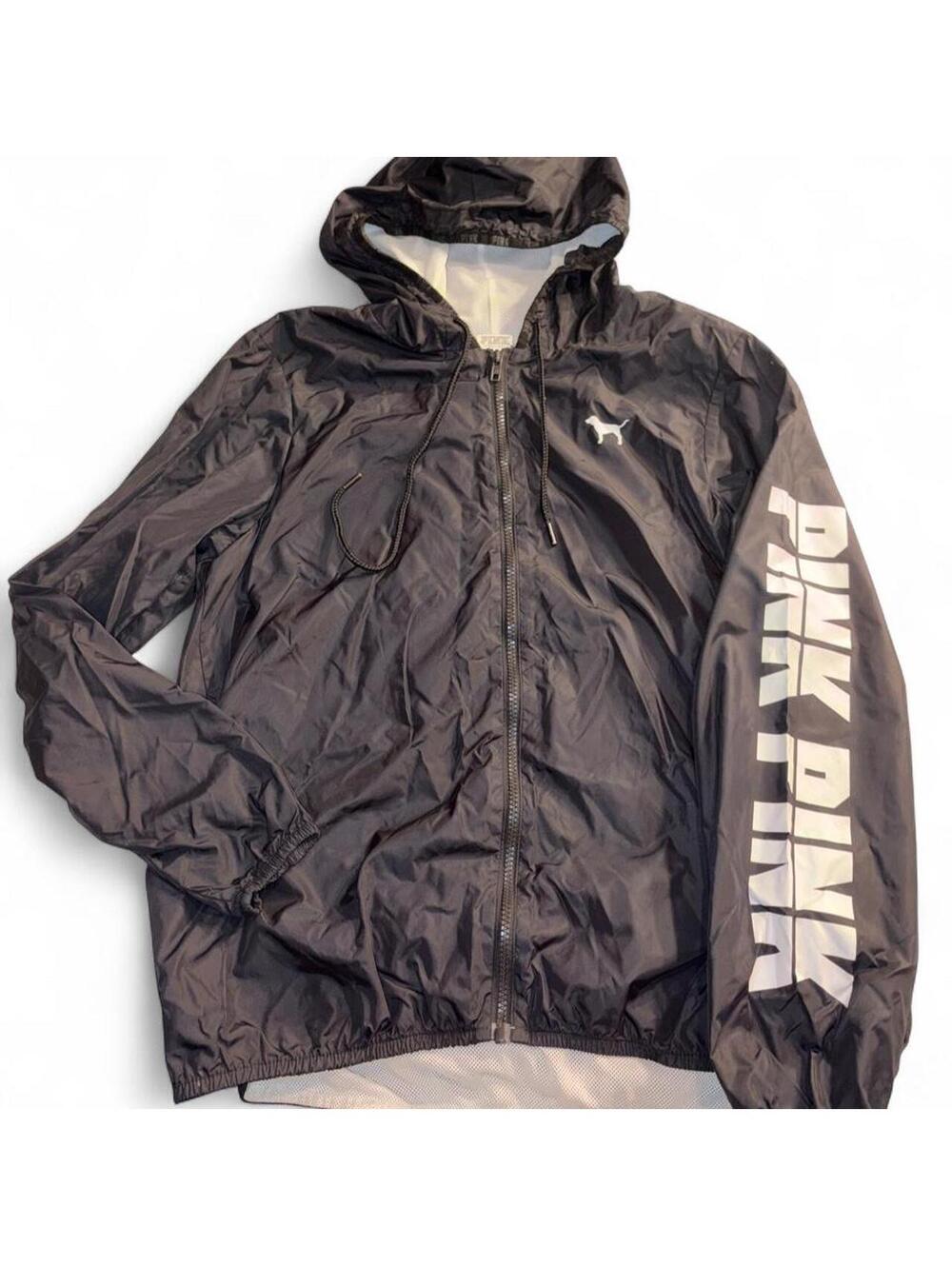 Victoria's Secret PINK Black Full-Zip Hooded Windbreaker Jacket